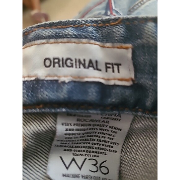 VTG Rocawear Jeans Mens 36x31.5 Blue Baggy Distressed Skater Faded Pipe Hip Hop - Picture 15 of 16